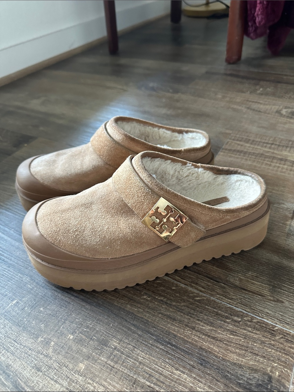 Tory Burch Tan Suede Shearling-Lined Platform Clog Mules with Gold Logo